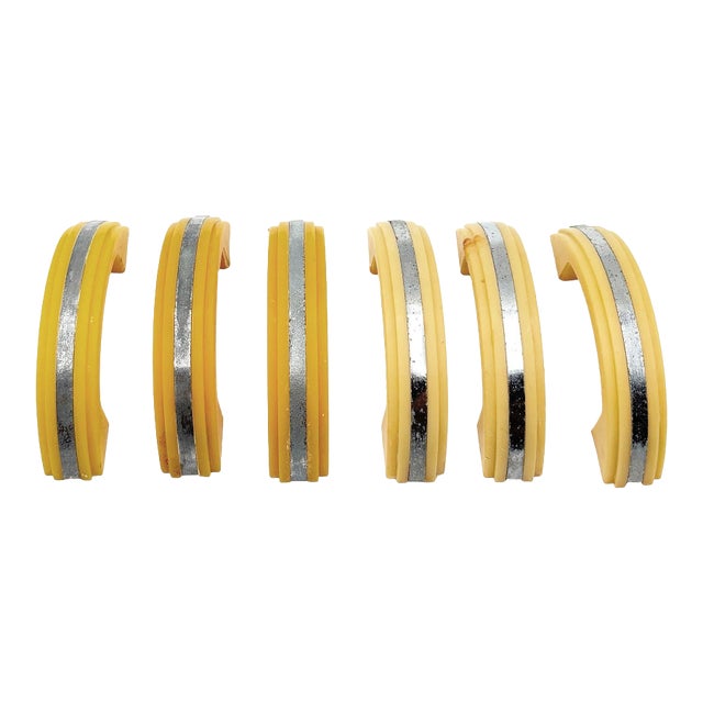 Art Deco Bright Yellow Bakelite Drawer Pulls W/ Chrome Strip, Set of 6 For Sale