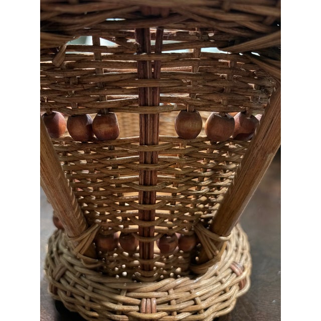 Wood Vintage 1970s Woven Wicker Basket With Wood Bead Detail & Handle For Sale - Image 7 of 14