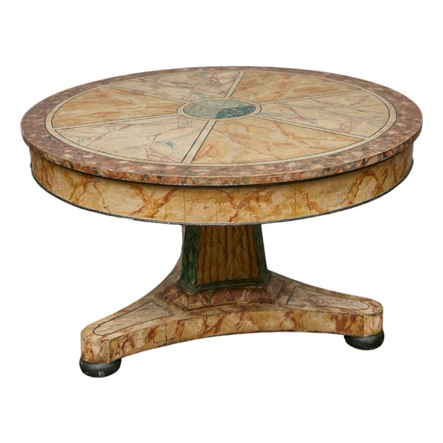 19th Century Italian Faux Painted Center Table with Trompe-l’Œil Marble Finish For Sale