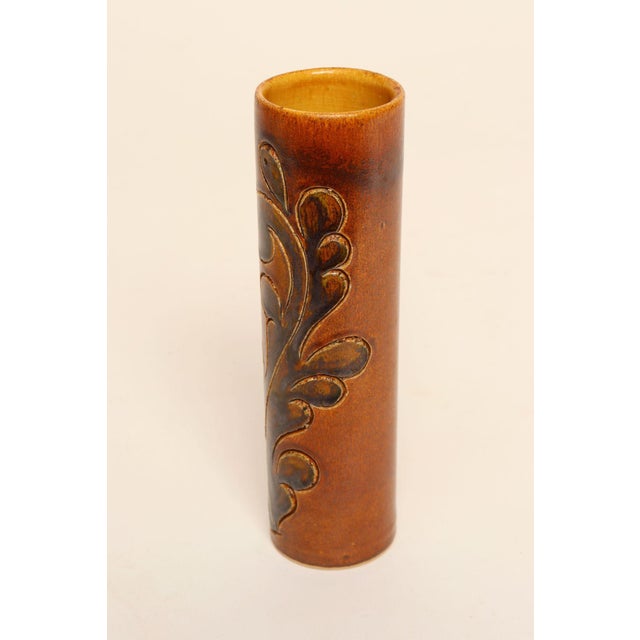 Vintage Studio Pottery Sunburst and Botanical Motif Matte Amber Glazed Vase For Sale - Image 4 of 18