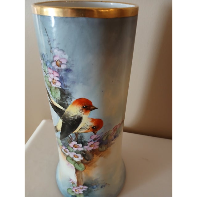 Antique Limoges B & Co Hand Painted Vase of Flowers & Taningers For Sale - Image 10 of 13