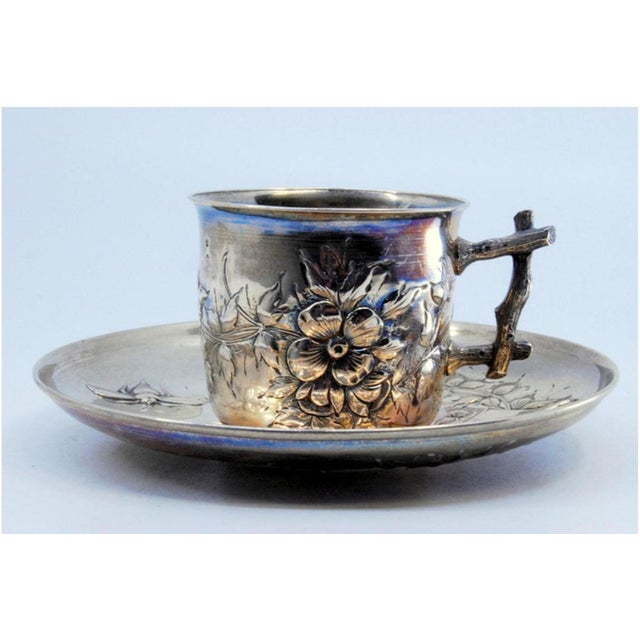 Art Nouveau Silver Cup and Saucer with Insects and Floral Motifs Relief and Tree Trunk-Shaped Handle, Set of 2, in Very...
