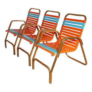 Mid-Century Gold Tone Aluminum Frame Stacking Poolside Strap Chairs - Set of 3