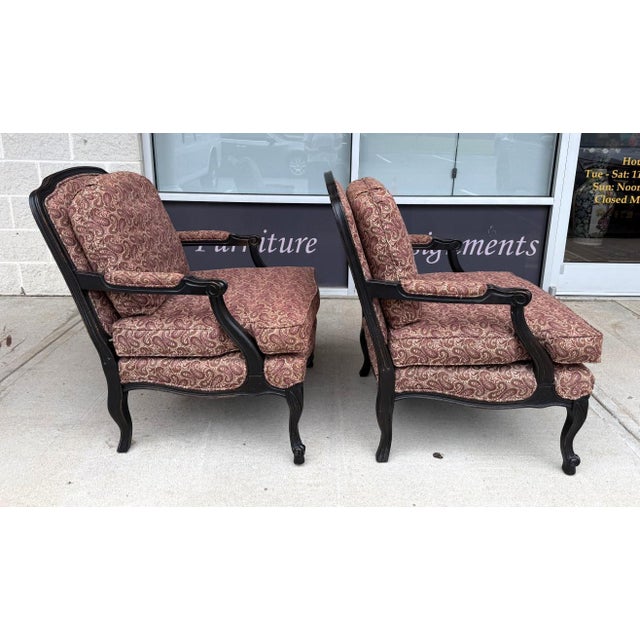 Wood Pair of Fairfield Paisley Fauteuil Chairs With Ottoman For Sale - Image 7 of 18