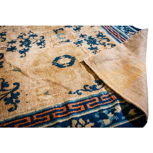 1880s Antique Beige Field Medallion Greek Key Handknotted Chinese Ningxia Rug For Sale - Image 9 of 10