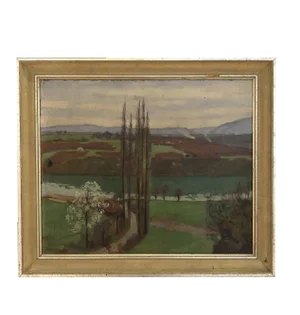 Jules Ami Courvoisier, Paysage de printemps campagne et Jura, Oil on Cardboard, Framed
