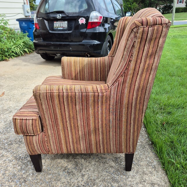 2010 Stratford Caye Transitional Striped Cocoa Brown Wingback Arm Chair For Sale - Image 9 of 14