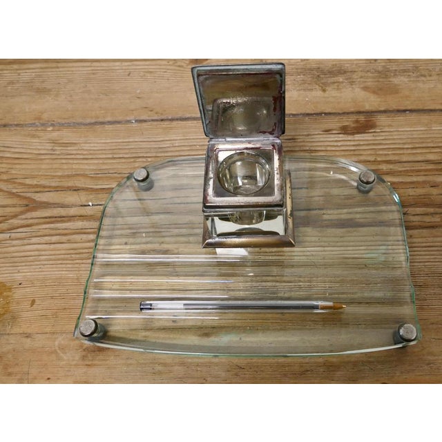 1920s Art Deco Glass and Brass Desk Inkwell with Pen Rest, 1920s For Sale - Image 5 of 9