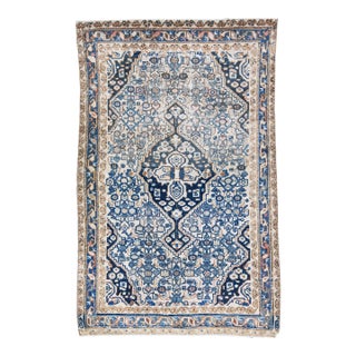 1960s Vintage Persian Hamadan Shabby Chic Navy Blue Handmade Medallion Wool Rug For Sale