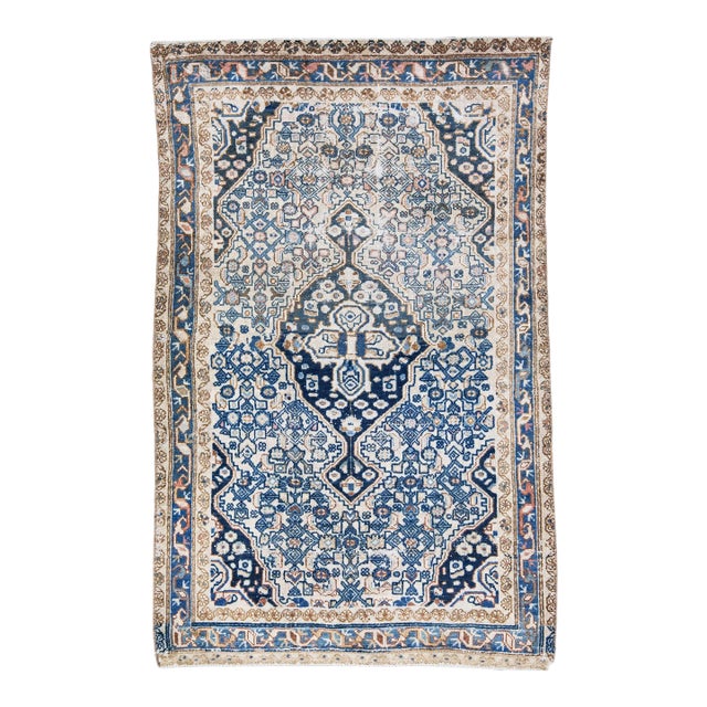 1960s Vintage Persian Hamadan Shabby Chic Navy Blue Handmade Medallion Wool Rug For Sale