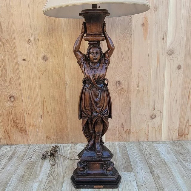 Antique Carved Walnut Figural Lamp With Shade For Sale - Image 9 of 10