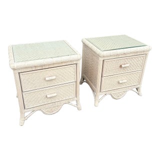 Boho Chic Wicker Glass Top Nightstands - A Pair For Sale