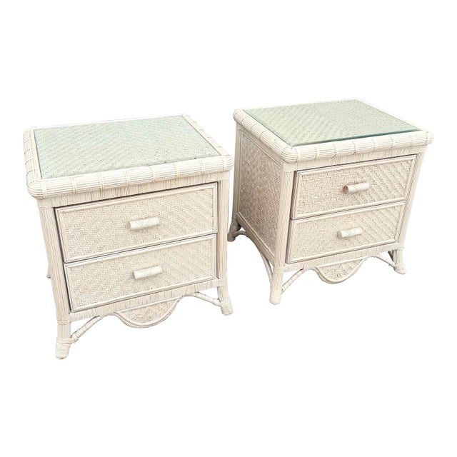 Boho Chic Wicker Glass Top Nightstands - A Pair For Sale