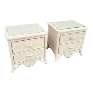 Boho Chic Wicker Glass Top Nightstands - A Pair