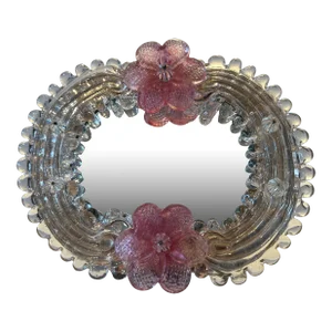 Vintage Pink Floral and Gold Leaf Venetian Glass Mirror - Wall or Table Top