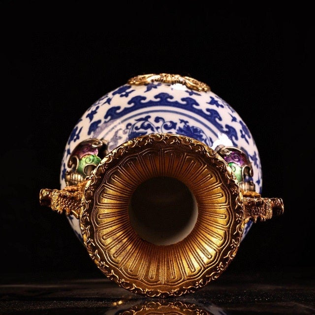 Blue Vintage Chinese Blue and White Porcelain Vase With Gilt Bronze Dragon Handles and Elaborate Stand For Sale - Image 8 of 9
