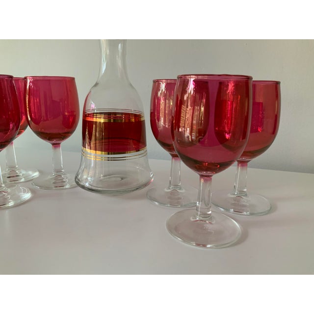 Vintage Cranberry Glasses With Matching Cranberry & Gold Decanter Set- 7 Pieces For Sale - Image 4 of 7