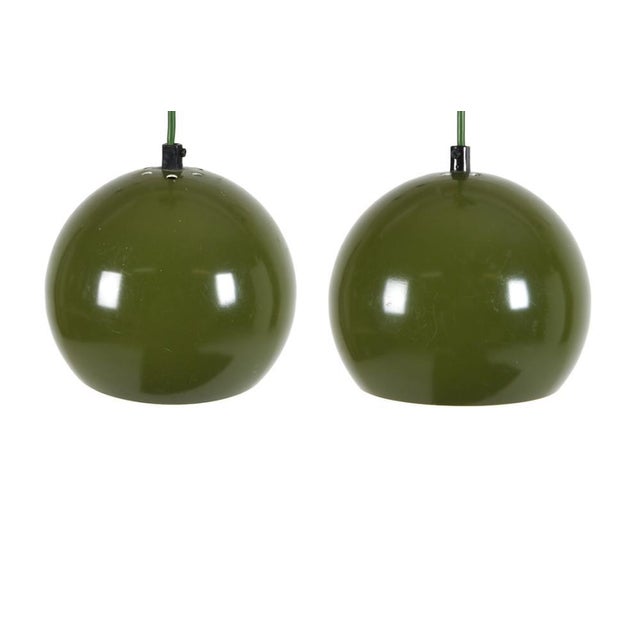 1960s Danish Olive Green Globe Pendant Lights Attributed to Es Horn- A Pair For Sale - Image 9 of 9