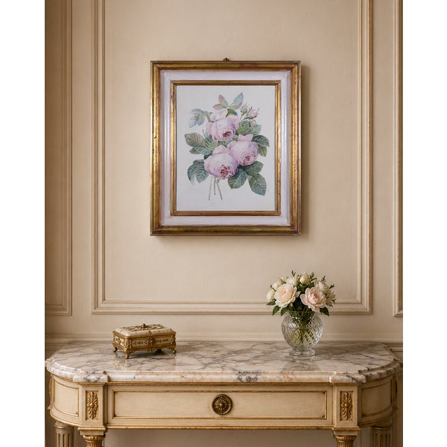 1990s Antique Hand-Painted Porcelain Plaque with Pink Roses in Giltwood Frame, Late 20th Century For Sale - Image 5 of 6