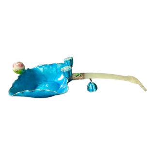 Antique Chinese Copper & Enamel Lotus Bowl With Jade Handle – Footed Brush Washer Ink Bowl For Sale
