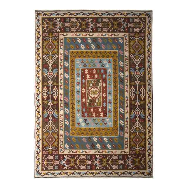 Antique Kilim Rug Blue and Beige Brown All-Over Geometric Pattern by Rug & Kilim For Sale