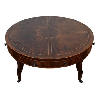 1930s Weiman English Regency Flame Mahogany Inlaid Coffee Table For Sale