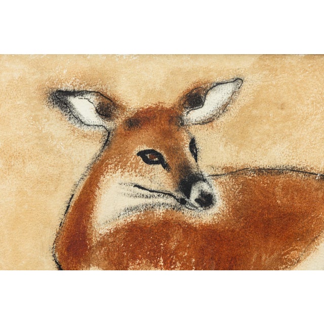 Paint Charles Culver Signed Resting Deer Modern Pastel Watercolor Painting 1950s For Sale - Image 7 of 7