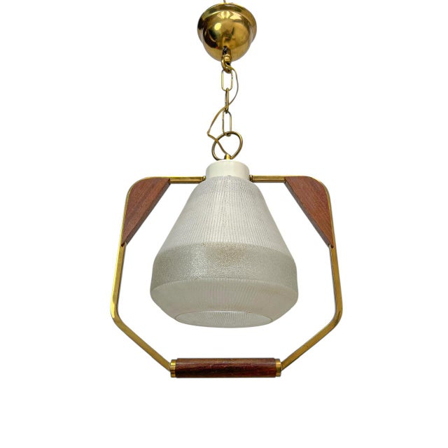 Mid-Century Modern Danish Teak Brass and Glass Pendant Lamp, 1960s For Sale - Image 3 of 10