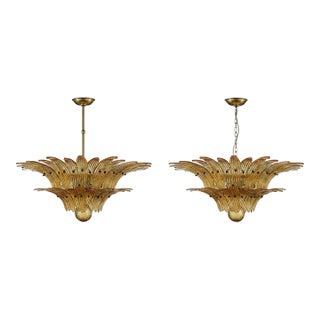 Pairs of Amber Palmette Murano Glass Chandelier – 58 Hand-Blown Amber Glass Leaves, Italy For Sale