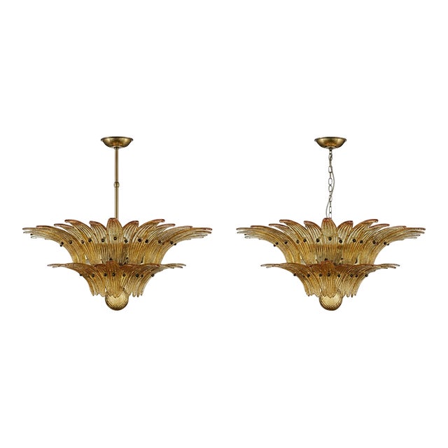 Pairs of Amber Palmette Murano Glass Chandelier – 58 Hand-Blown Amber Glass Leaves, Italy For Sale