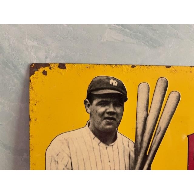 Fun vintage sign depicting Babe Ruth advertising Pinch-Hit Tobacco - the Hit of the Day. Sign is made of metal and has 4...