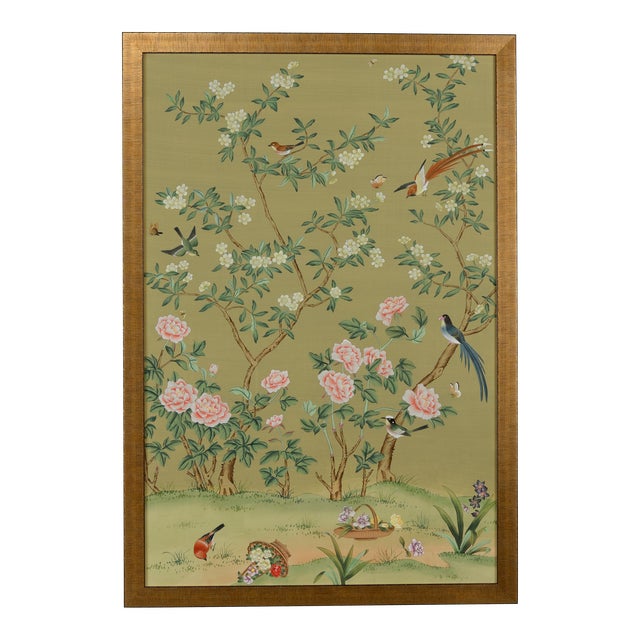 Edgedale Watercolor on Silk Panel Painting - Green A For Sale