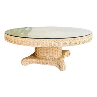 Large 1980s Coastal Round Woven Rattan Wicker Coffee Table With Glass Top For Sale