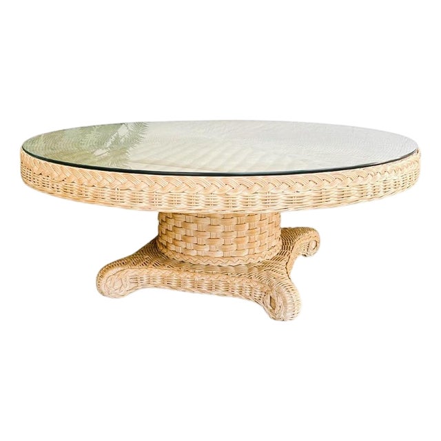 Large 1980s Coastal Round Woven Rattan Wicker Coffee Table With Glass Top For Sale