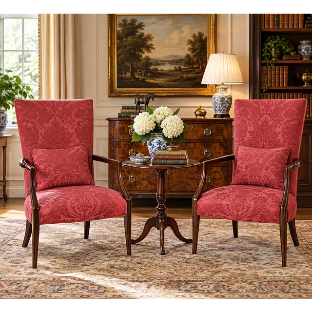 A handsome pair of Hickory Chair Fisk lolling armchairs, model HC1904-11, from the James River Upholstery Collection,...