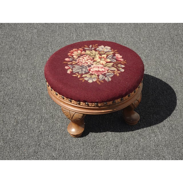 Footstool ~ Vintage French Country Burgundy Floral Round Needlepoint Footstool#2 For Sale - Image 4 of 14