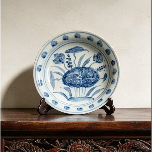 Art Deco Chinese Ceramic Plate,Blue and White Porcelain Plate Hand Painted Lotus Flowers Pattern For Sale - Image 3 of 11