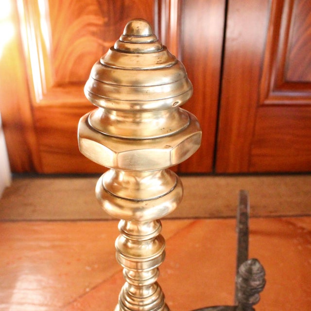 Pair of Antique American Brass Andirons With Turned Finials For Sale - Image 9 of 13