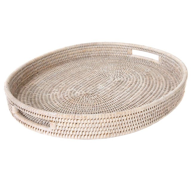 White Artifacts Rattan Oval Tray with Cutout Handles in White Wash - 18" For Sale - Image 8 of 8