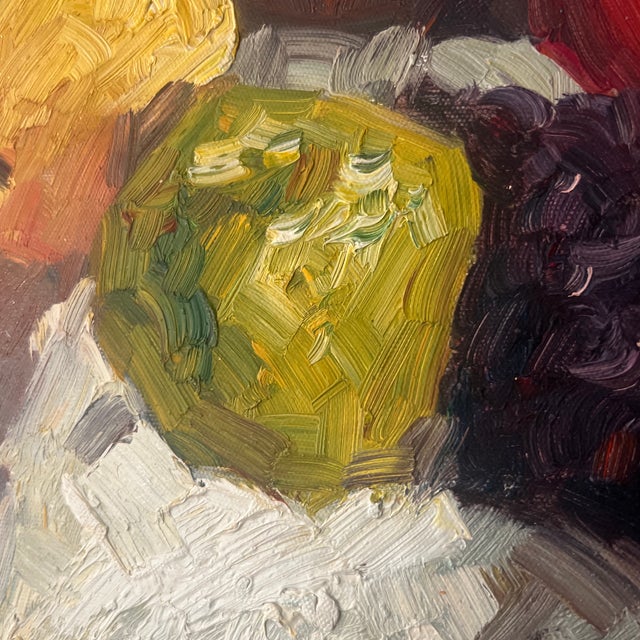 1970s 20th Century European School Oil on Canvas Board Tabletop Still Life Framed Signed For Sale - Image 5 of 12