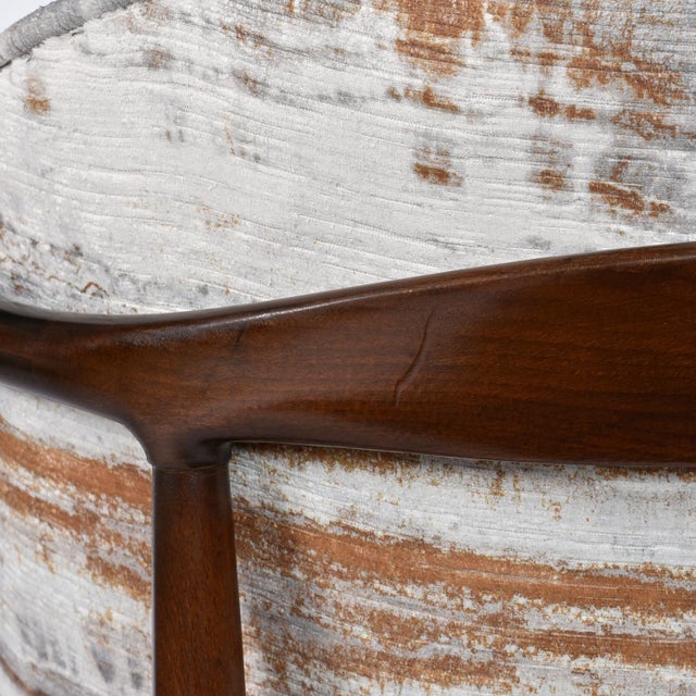 Restored Pair of Mid-Century Modern Finn Andersen for Selig Sculpted Walnut Barrel Chairs For Sale - Image 11 of 12