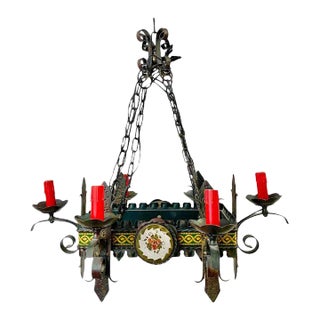 Antique French Gothic Chandelier, Wrought Iron, 6 Lights, 1890s For Sale