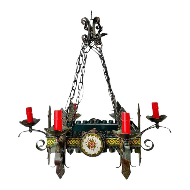 Antique French Gothic Chandelier, Wrought Iron, 6 Lights, 1890s For Sale