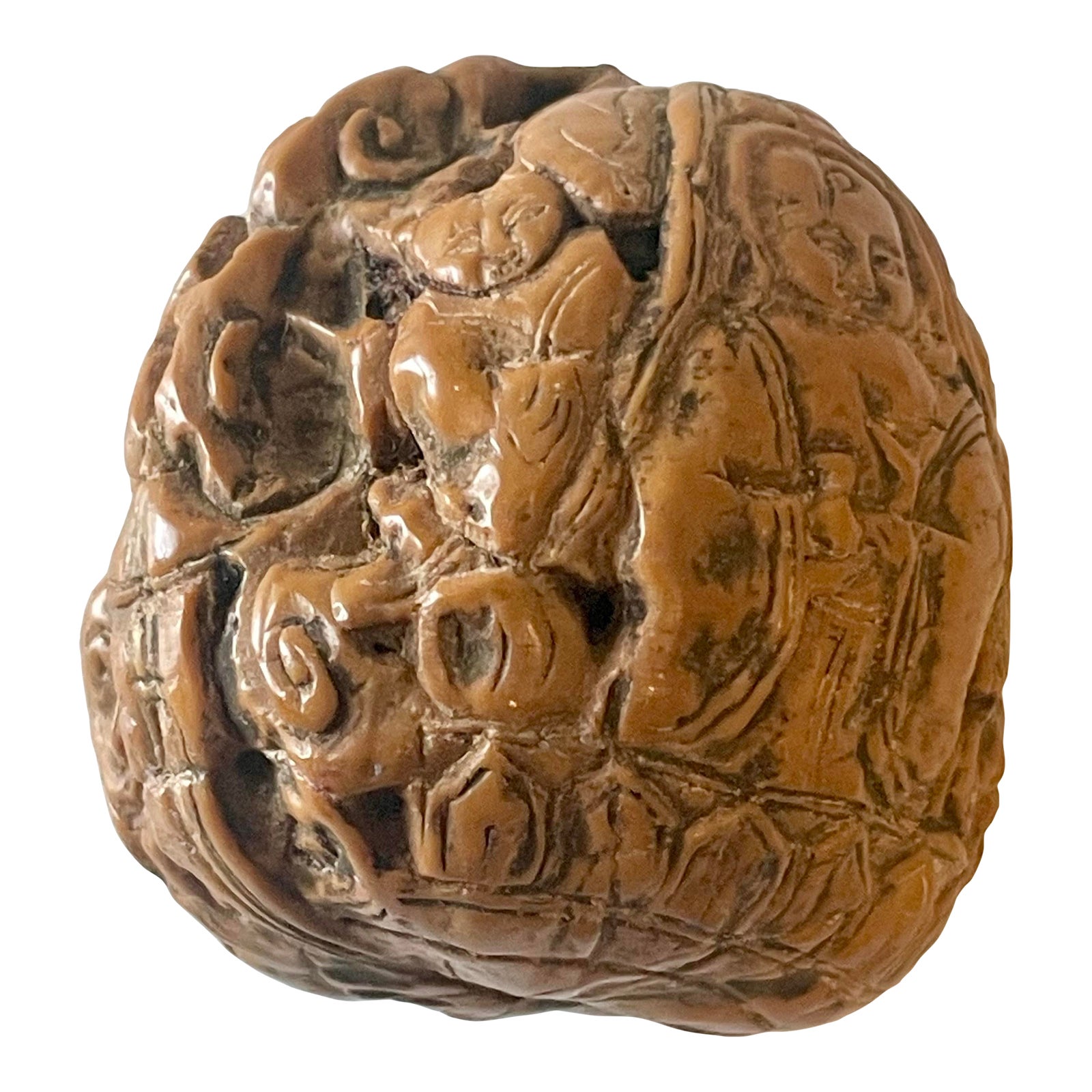 Antique Detailed Hand Carved Chinese Figural Walnut Shell | Chairish