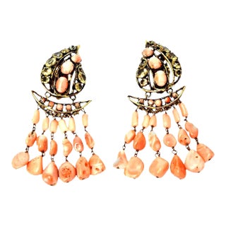 Vintage Iradj Moini Angel Coral, Citrine & Rhinestone Dangle Clip on Earrings, 1990's For Sale