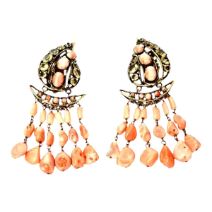 Vintage Iradj Moini Angel Coral, Citrine & Rhinestone Dangle Clip on Earrings - 2 Pieces
