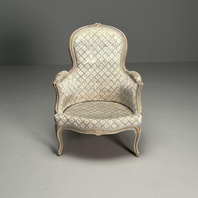 Louis XV Style, Bergère Chairs, Grey Painted Wood, Fabric, France, 1890 For Sale - Image 14 of 18