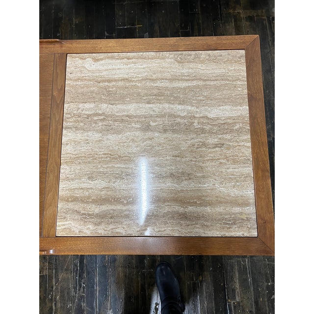 1950s Mid-Century Walnut Coffee Table With Travertine Inset and Caned Shelf by Heritage For Sale - Image 5 of 8