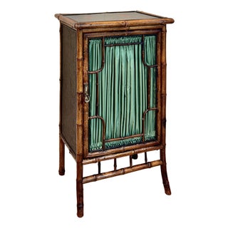 Antique English Bamboo and Lacquer Cabinet, Silk Panel For Sale