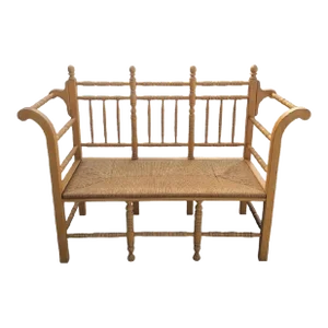 Vintage Turned Light Wood Spindle and Ball Rush Seat Tall Bench